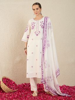 Indo Era - Purple Straight Kurta With Pant & Dupatta