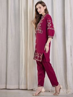Indo Era - Burgundy Embroidered Straight Co-Ord Set