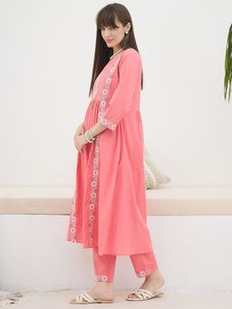 Indo Era - Peach Embroidered A-Line Kurta with Pant