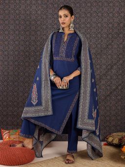 Indo Era - Blue Printed Straight Kurta With Pant & Dupatta