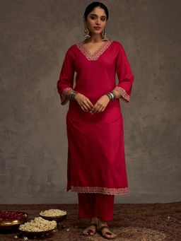 Indo Era - Pink Embroidered Straight Kurta with Pant