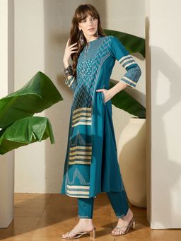 Indo Era - Teal Printed A-Line Kurta with Pant