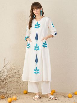 Indo Era - White Printed A-Line Kurta with Pant
