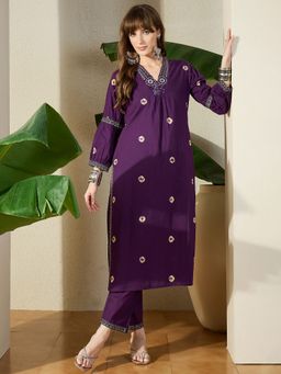 Indo Era - Purple Embroidered Straight Kurta with Pant
