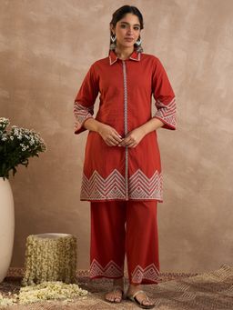 Indo Era - Rust Embroidered A-Line Co-Ord Set