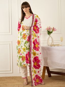 Indo Era - White Printed Straight Kurta With Pant & Dupatta