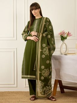 Indo Era - Green Printed Straight Kurta With Pant & Dupatta