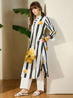 Indo Era - White Printed A-Line Kurta With Pant