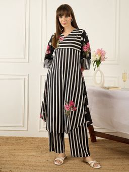 Indo Era - Black Printed A-Line Kurta with Pant