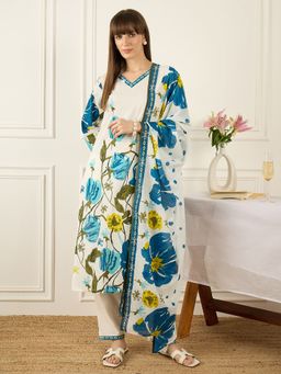 Indo Era - Blue Printed Straight Kurta With Pant & Dupatta