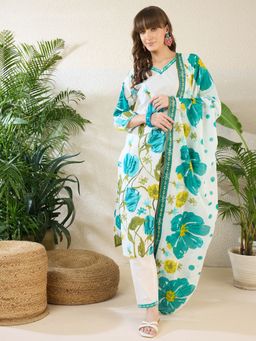 Indo Era - Green Printed Straight Kurta With Pant & Dupatta