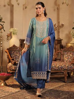 Indo Era - Sea Green Printed Straight Kurta With Pant & Dupatta