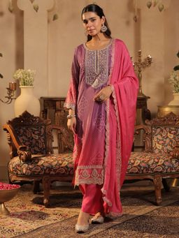 Indo Era - Pink Printed Straight Kurta With Pant & Dupatta