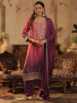 Indo Era - Purple Printed Straight Kurta With Pant & Dupatta