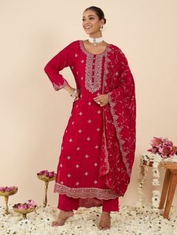 Indo Era - Pink Embroidered Straight Kurta With Pant & Dupatta