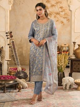 Indo Era - Grey Woven Design Straight Kurta With Pant & Dupatta