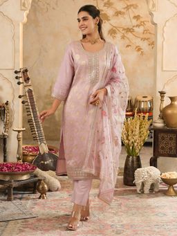 Indo Era - Lavender Embroidered Straight Kurta With Pant & Dupatta