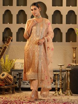 Indo Era - Peach Embroidered Straight Kurta With Pant & Dupatta