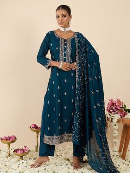 Indo Era - Teal Embroidered Straight Kurta With Pant & Dupatta