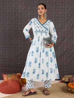 Indo Era - White Printed A-Line Kurta with Pant