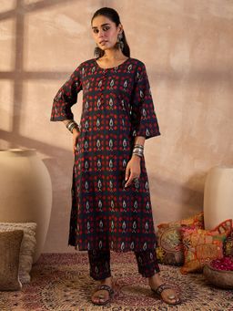 Indo Era - Navy Blue Printed Straight Kurta with Pant