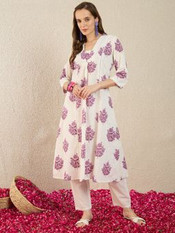 Indo Era - White Printed A-Line Kurta with Pant