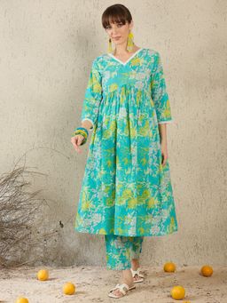 Indo Era - Sea Green Printed A-Line Co-Ord Set
