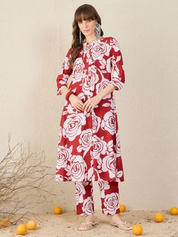 Indo Era - Red Printed Straight Co-Ord Set