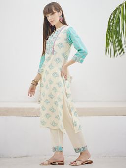 Indo Era - Off White Printed Straight Kurta with Pant