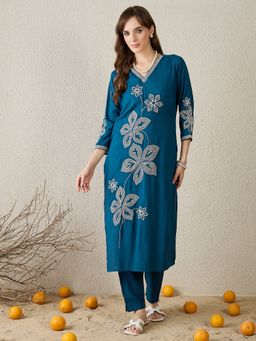 Indo Era - Teal Embroidered Straight Kurta with Pant