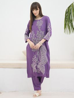 Indo Era - Purple Embroidered Straight Kurta with Pant