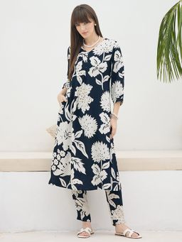 Indo Era - Navy Blue Printed A-Line Co-Ord Set