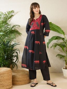 Indo Era - Black Embroidered A-Line Kurta with Pant