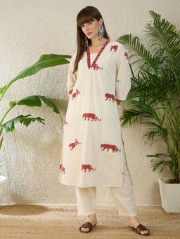 Indo Era - Off White Printed A-Line Kurta with Pant