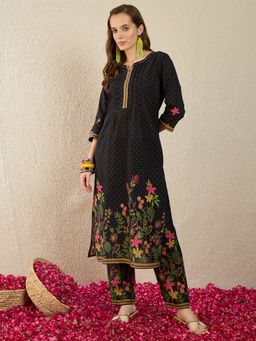 Indo Era - Black Printed Straight Kurta with Pant