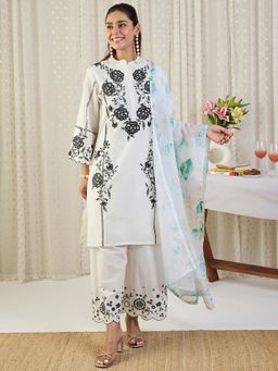 Indo Era - White Embroidered Straight Kurta With Pant & Dupatta