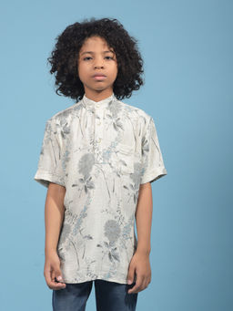 CRIMSOUNE CLUB - Boys Beige Floral Print Linen Kurta