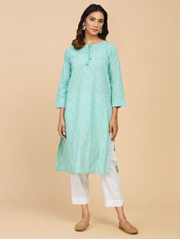 Fabindia - Green Cotton Printed Long Kurta