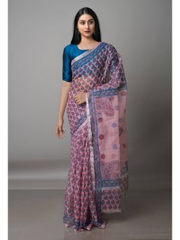 Unnati Silks - Peach Pink Pure Block Printed Kota Cotton Saree with Unstitched Blouse