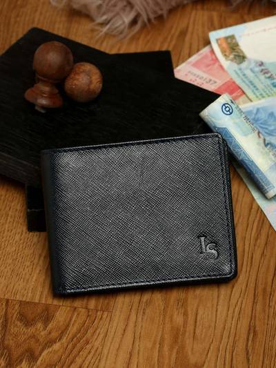 Saffiano Leather Men's Blue Bi-fold Slim Wallet with RFID Protection