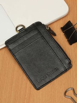 Louis Stitch - Black Saffiano Leather Slim ID Card Holder Wallet Purse with Zip Pocket