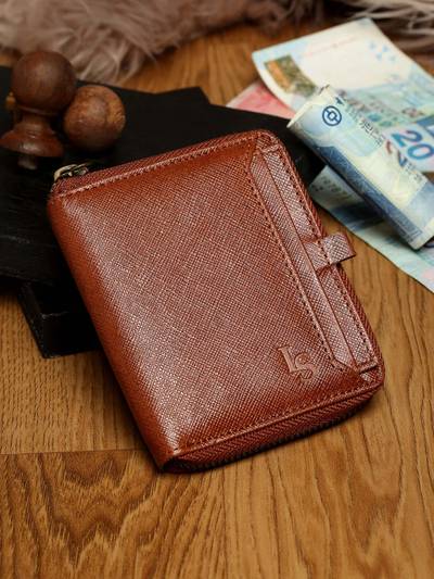 Tan Saffiano Leather Two fold Men's Zipper Wallet Purse