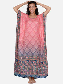 The Kaftan Company - Pink and Navy Ombre Floral Print Satin Kaftan
