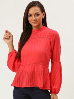 Carlton London - Women Casual Red Self Striped Semi-sheer A-line Top
