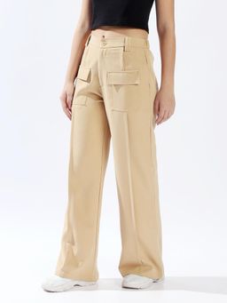 High Star - Women Beige Solid Wide Leg Fit High Waist Trouser
