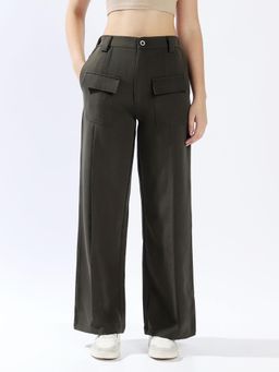 High Star - Women Green Solid Wide Leg Fit High Waist Trouser