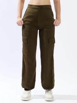 High Star - Women Green Solid Comfortable Leg Fit High Waist Cargo Pant