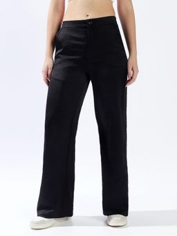 High Star - Women Black Solid Tailored Leg Fit High Waist Trouser