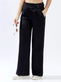 High Star - Women Black Solid Wide Leg Fit High Waist Trouser