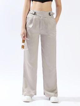 High Star - Women Grey Solid Wide Leg Fit High Waist Trouser